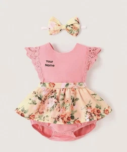 Personalized 2pcs Baby 2pcs Baby Girl 100% Cotton Solid Spliced Lace Flutte - Picture 1 of 3