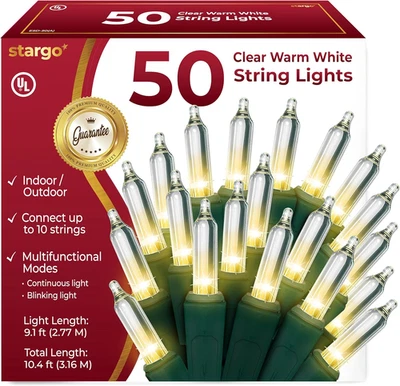 9ft Warm White Christmas Lights - 50 Mini Incandescent Bulbs String Set - Image 1 of 4