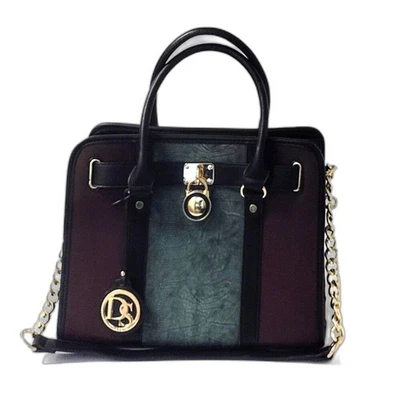 Dasein Satchel Handbag w/Shoulder Straps and Padlock (Brown/Green/Black) - Image 1 of 4