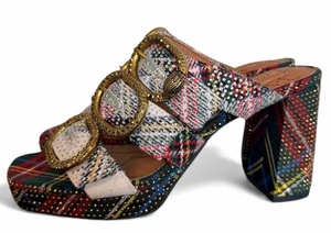 Kurt Geiger London MAYFAIR PLATEAU PANTOLETTE ABSATZ Gr. 36 US 6 kariert Strass LESEN - Bild 1 von 15