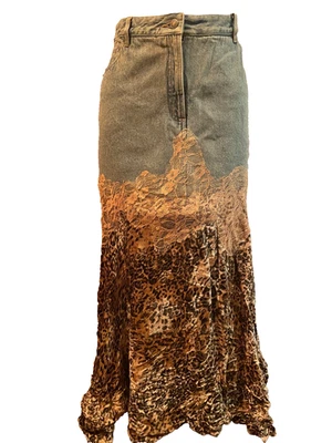 Saia maxi Newport News Jeanology vintage denim estampa animal renda veludo tamanho 18 - Imagem 1 de 4