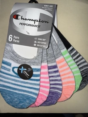 Nova meia forro invisível Champion feminina desempenho (pacote com 6 pares) tamanho 5-9 - Imagem 1 de 4