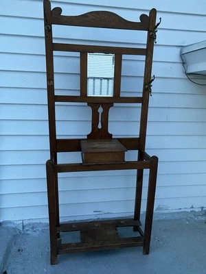 Antique Arts and Crafts Oak Hall Tree Glove Box, Cabinet, Umbrella Stand Mirror - Image 1 of 4