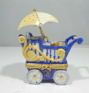 RARE LIMOGES BABY CARRIAGE WITH UMBRELLA AND BABY TRINKET BOX - Picture 1 of 6
