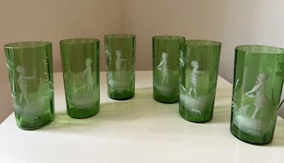 Ancienne série de 6 verres gobelets Mary Gregory Green émaillé XIX - Photo 1/4