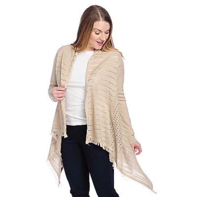 Kate & Mallory Womens 1X Plus Beige Textured Fringed Hi-lo Cardigan Sweater New - Imagem 1 de 4