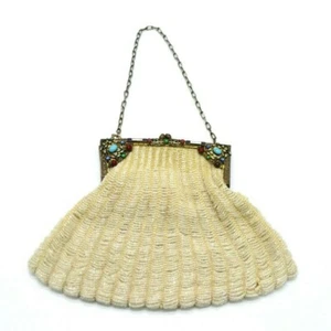 Antique Enamel Rhinestone Jeweled Glass Beaded Lined Clutch Metal Purse - Picture 1 of 11
