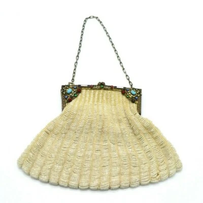 Antique Enamel Rhinestone Jeweled Glass Beaded Lined Clutch Metal Purse - Image 1 of 4
