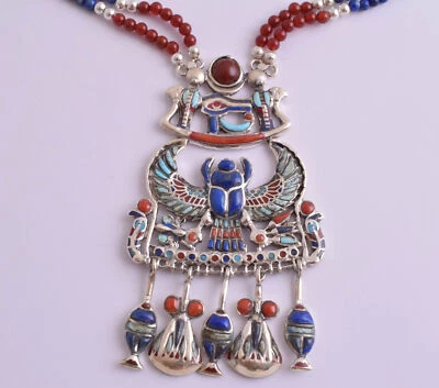 Collana con ciondolo in argento egiziano King Tutankhamon, ciondolo scarabeo ... - Immagine 1 di 4
