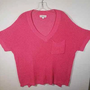 Macaron Hot Pink Sweater Short Sleeve V Neck Sz S Oversize Relaxed - Picture 1 of 7