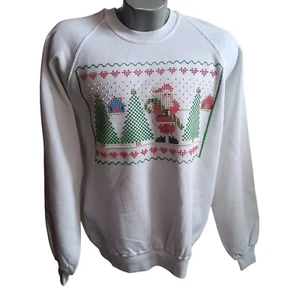 Vintage 80er Jerzees XL Weihnachtsmann Sweatshirt mit Perlen Weihnachtsdesign weiß - Bild 1 von 5
