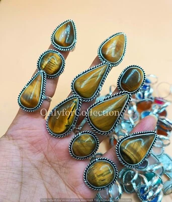 异国情调老虎眼宝石 925 纯银镀层设计师 10 件戒指 批量 ~ — 第 1/4 张图片