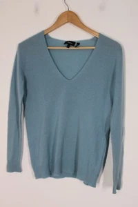 Theory P Petite Blue V-Neck Adrianna Feather 100% Cashmere Sweater Holes Mend - Picture 1 of 10