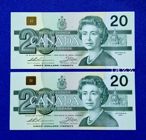 SET 2x Sequential 1991 Canada $20 Dollar Paper Money Banknotes Mint Crisp UNC - Picture 1 of 2