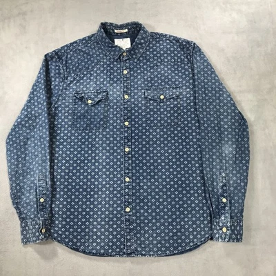 Camisa vaquera Lucky Brand para hombre grande azul geométrica con botones descolorida índigo occidental Foto 1 de 4
