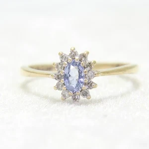 Anillo vintage de oro amarillo de 9 quilates con topacio azul y racimo de diamantes de 0,10 quilates talla J 1/2 ~ 5 - Imagen 1 de 8