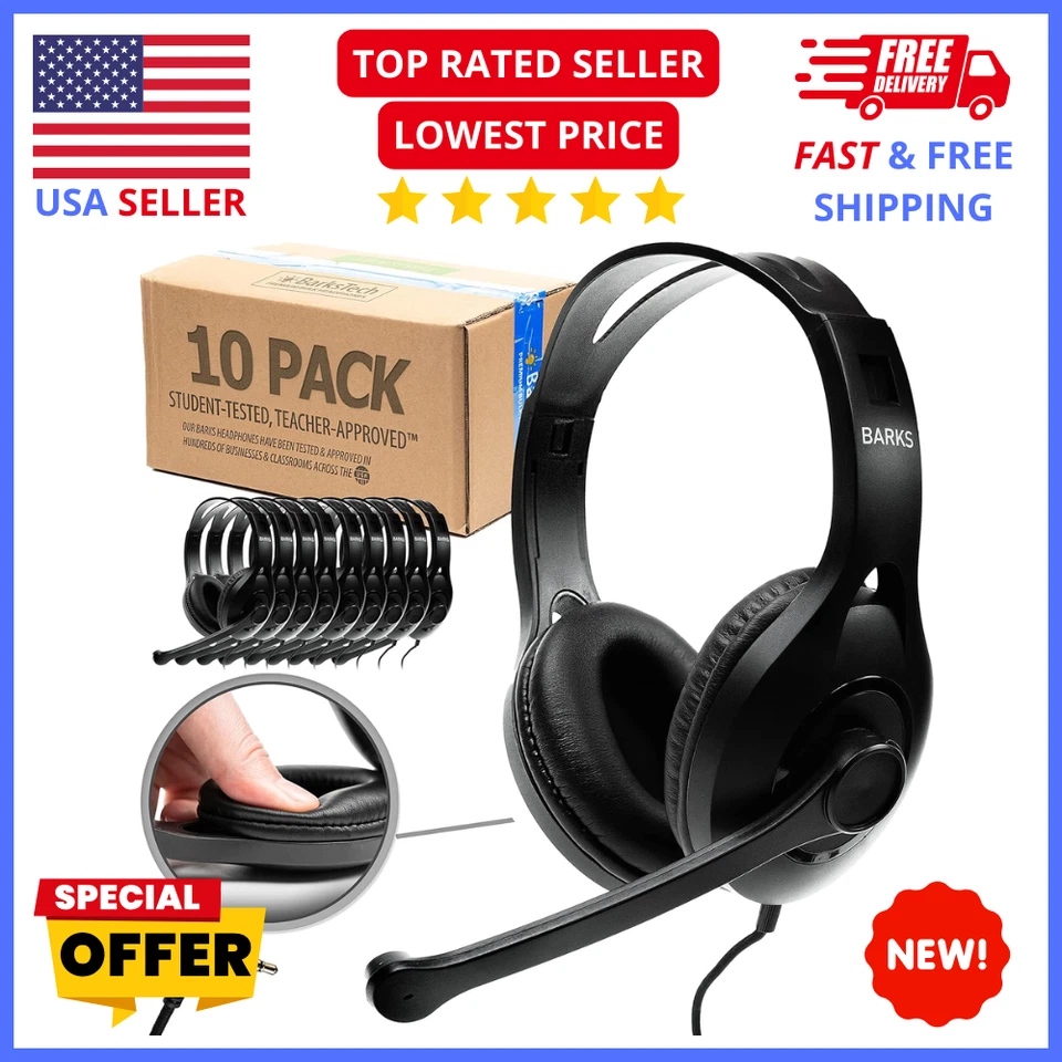Barks Classroom Headphones 10‑Pack – On‑Ear Headsets with Mic for Students - Image 1 of 4