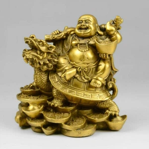 Statua cinese rame ricchezza soldi risata felice Maitreya Buddha su drago tartaruga - Foto 1 di 6