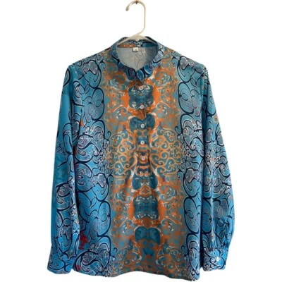 Elegant Career Blouse Womens Medium Blue Orange Long Sleeve Lightweight - Изображение 1 из 4