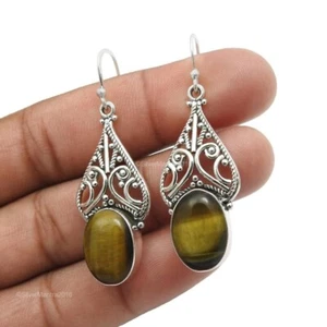 Pendientes Colgantes Boho De Ojo De Tigre Natural De Plata Esterlina 925 - Imagen 1 de 8