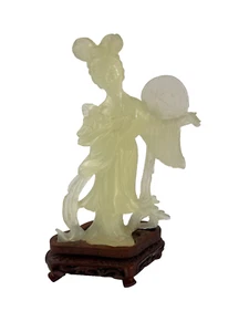 Vintage Chinese Hand Carved Stone Woman Figurine On Wooden Stand See Desc - Picture 1 of 10
