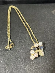 Gold tone Necklace with Pearls And Dark Sapphire Look Stones Pendant/brooch 4-11 - Picture 1 of 6