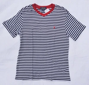 NWT Ralph Lauren Polo Boys 10 - 12 Medium T-Shirt Blue White Stripe w Red Trim - Picture 1 of 6