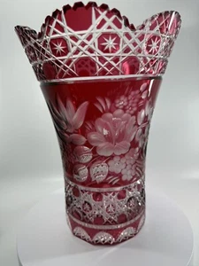 Signed Meissen Red cut to Clear Crystal Vase, 10” - Picture 1 of 4