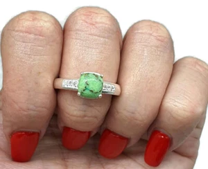 Green Mojave Turquoise & Zircon Ring, Size 8, Sterling Silver, Cushion Cut - Picture 1 of 7