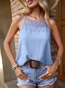 Top MEDIUM pizzo cami blu pois svizzero estivo casual lavoro formale boho hippie retrò - Foto 1 di 4