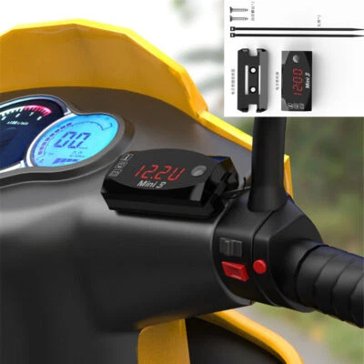12V Motorrad Temperatur Zeit Uhr Spannung Anzeige Voltmeter mit Halterung - Bild 1 von 4