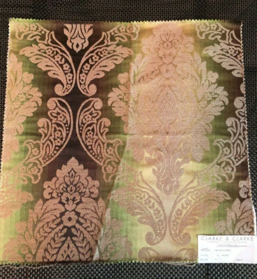 CLARKE & CLARKE Ornato Jewel in Olive 17 1/2 x 17 3/4" Damask Fabric Sample - Image 1 of 3