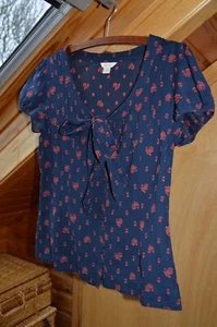 Monsoon Navy and Red Blouse, Size 12, Short Sleeve, Floral, Bow - Picture 1 of 11