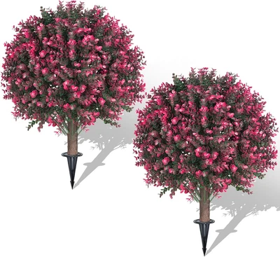 Set of 2 Artificial Rose Boxwood Topiary Ball Bush for Outdoor with Ground Spike - Image 1 of 4