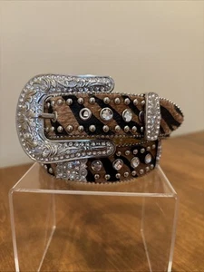 Nocona Rhinestone Studded Leopard Suede Leather Belt Western Buckle Bling 26” S - Picture 1 of 5
