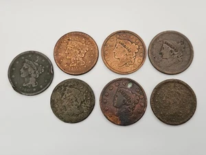 (Lot of 7) Coronet Head & Braided Hair Large Cent Penny 1c US Circulated Coins - Picture 1 of 6