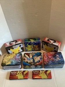 EMPTY POKEMON TINS 6 TREASURE CHEST LUNCH BOXES & 2 PIKACHU PENCIL SCHOOL CASES - Picture 1 of 5