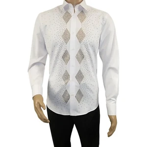 Camisa de pavo 100 % algodón elegante piedras del Rin para hombre CEREMONIA #Rio 13 blanca calce ajustado - Imagen 1 de 10