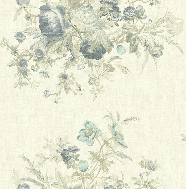 Wallpaper Blue Gray Taupe Floral Bouquet on Cream Faux , 56 Sq Ft Bolt - Image 1 of 1