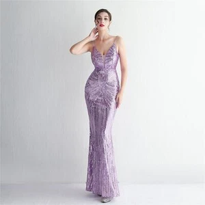 New Womens Flower Suspender Evening Sequin Dress Long Banquet Slim Evening Dress - Picture 1 of 34
