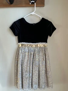 Chasing Fireflies Black Velvet / Gold Sequins Lace Christmas Dress Girls 8 - Picture 1 of 5