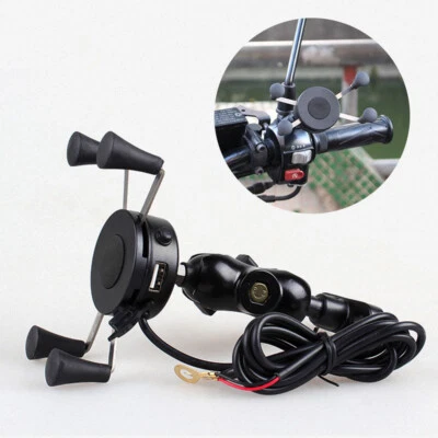 ABS Universal Motorcycle Mobile Phone Holder Mount With USB Charge 360° Rotaing - Image 1 of 4