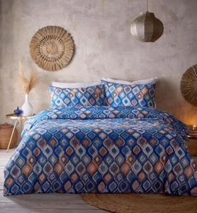 Duvet set quilt cover ethnic bedding Moroccan tile pattern blue orange - Picture 1 of 11