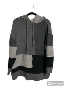 Zara Hooded Patchwork Sweater Tunic Pullover Long Sleeve Gray Black Size Med - Picture 1 of 10