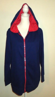Sudadera con capucha para mujer Quacker Factory con ribete de lunares azul cremallera completa talla M Foto 1 de 4