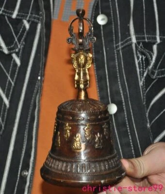 7" Antiguo Tíbet Bronce Dorado Buda Campana Anillo la Campana Exorcismo Reloj Estatua Foto 1 de 4