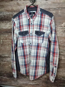 Men's Buffalo David Bitton Long Sleeve Plaid Shirt Large Red White Blue EUC - Picture 1 of 13