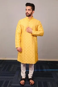 Mens Kurta Pajama Set Indian Ready to Wear Yellow Man Kurta Embroidered Kurtas - Picture 1 of 25