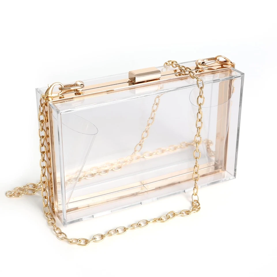 Women Clear Purse Acrylic Clear Clutch Bag Shoulder Handbag With Removable Gold
