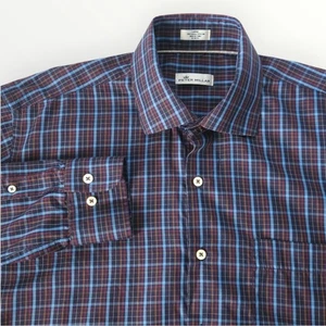 Peter Millar Mens L Tartan Plaid Button Down Shirt Navy Blue Brown Silk Blend - Picture 1 of 7